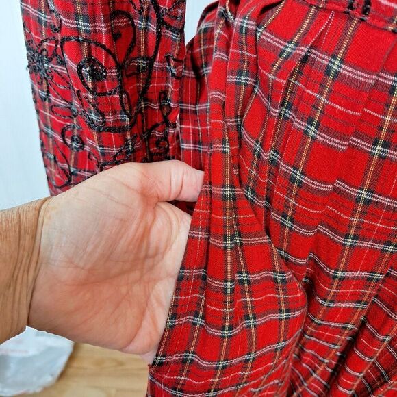 Country Wear Size 10 Modest Tartan Plaid Embroidered Velvet Long Prairie Dress - Picture 9 of 13